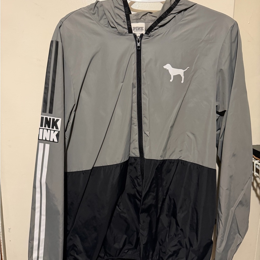 PINK Victoria's Secret Gray and Black Colorblock Waterproof Windbreaker Jacket
